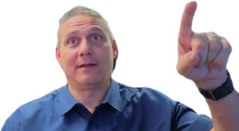 Tony pointing up at the request button.